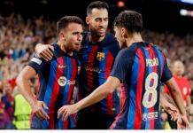 Lewandowski gives Barca slim hope with late brace Barca players celebrating goal